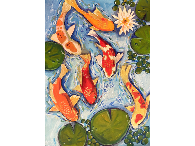 一幅精致的鲤鱼画作，展现了鲤鱼在水中游动的美丽，色彩鲜艳，充满生机
