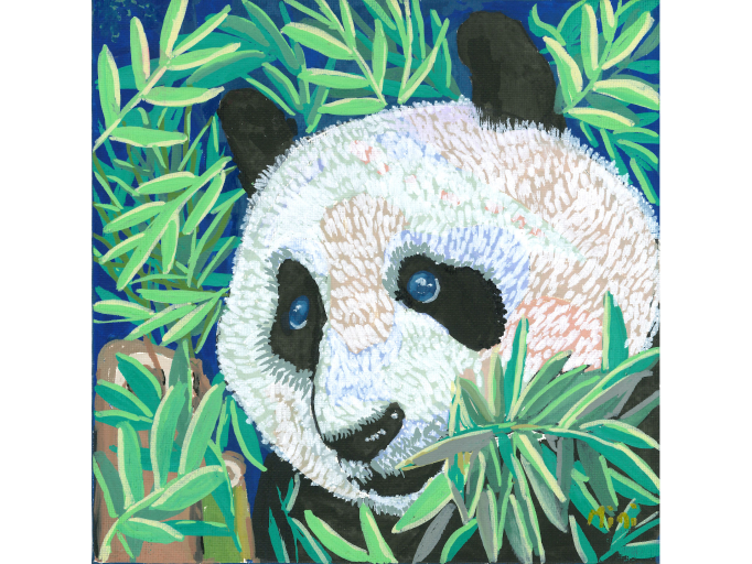 一幅画作，描绘了一只熊猫在竹林中悠然自得的景象，展现了自然的和谐与美丽。