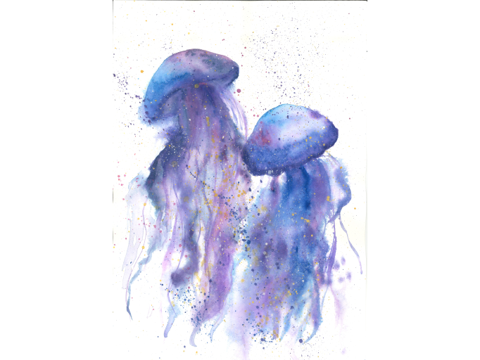 In the watercolor painting, the jellyfish is depicted with soft colors, showcasing its elegance and fluidity, captivating the viewer.