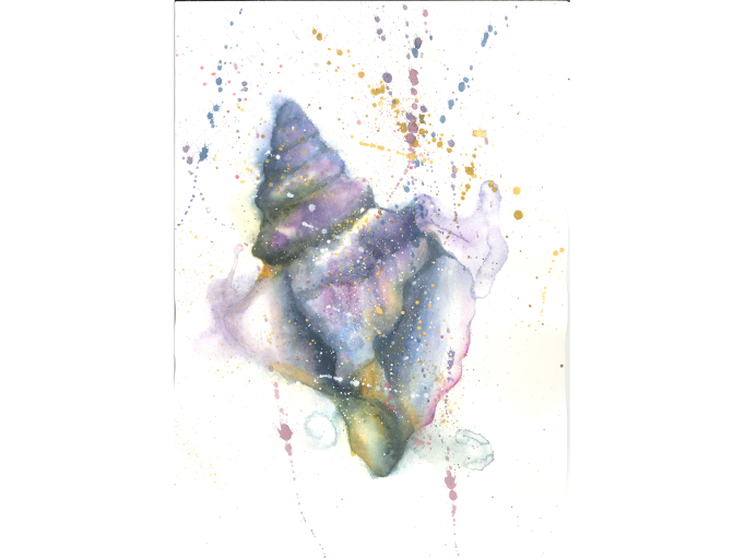 The watercolor depicts a beautiful seashell, displaying gentle colors and intricate textures.