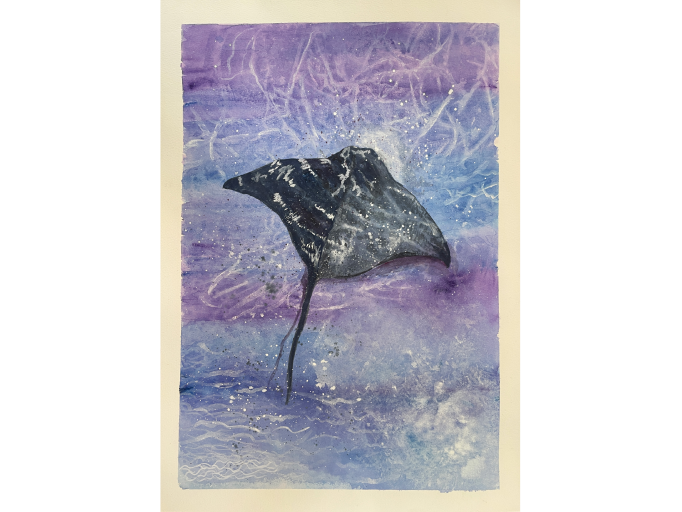 A painting portrays a stingray swimming gracefully in the ocean, highlighting its elegant movement and the surrounding waves.