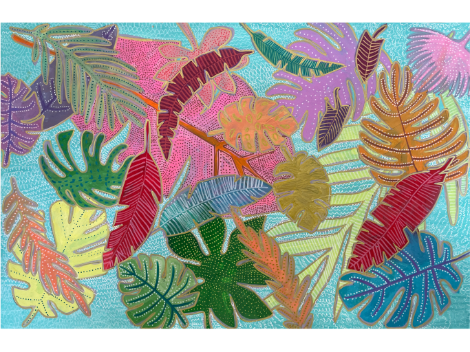 A piece depicts colorful tropical leaves, showcasing the beauty and vibrancy of nature.